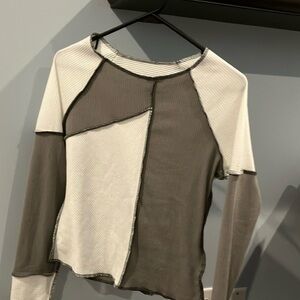 Gray and White Asymmetrical Long Sleeve Rounded Neck T-Shirt